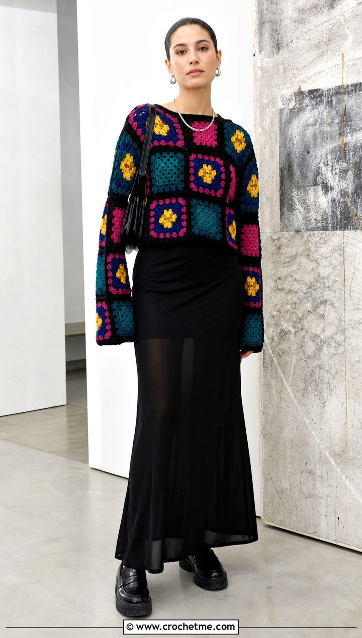 Patchwork Granny Square Sweater With Black Maxi Skirt - 25 Granny Squares Sweater outfit ideas