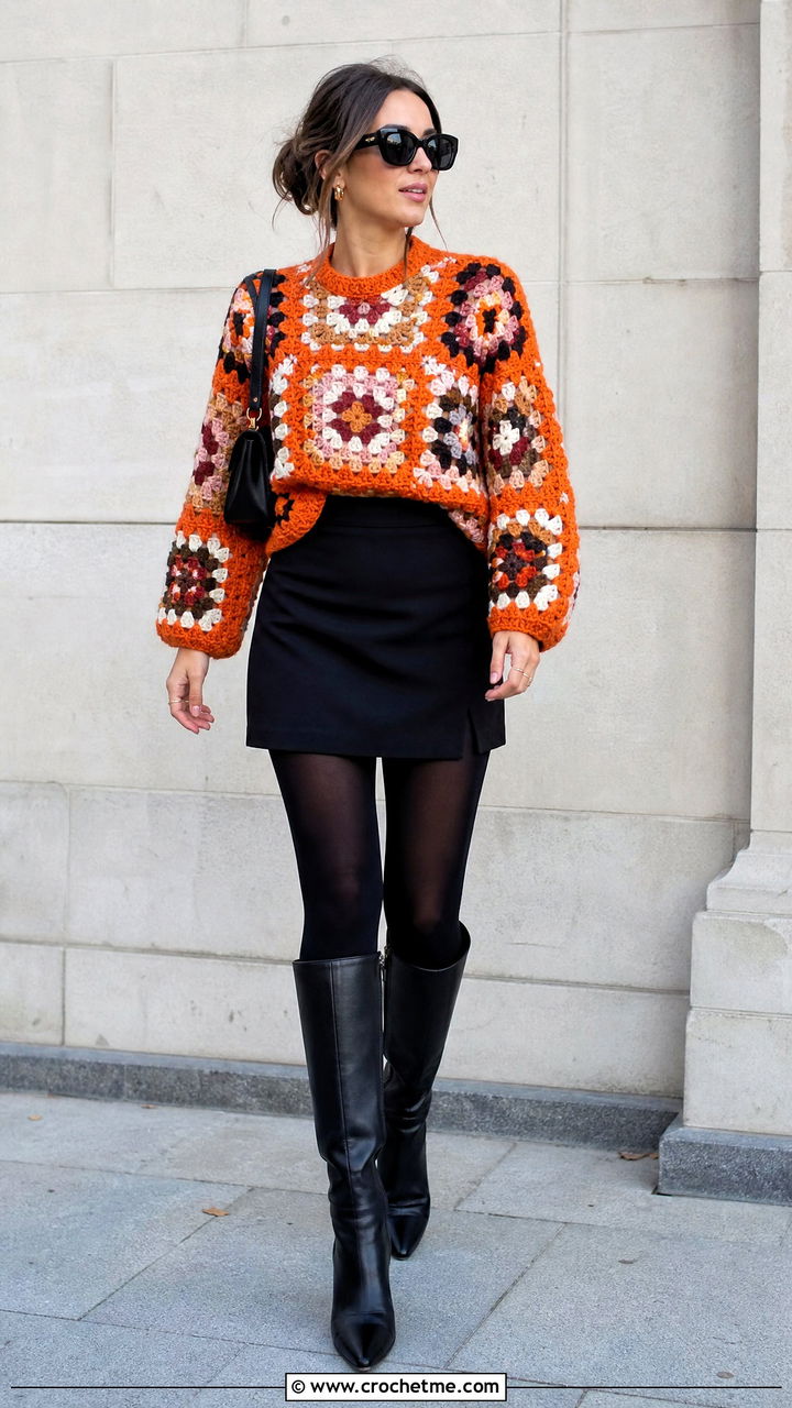 Patchwork Granny Square Sweater With Black Mini Skirt - 35 granny square sweater outfit ideas