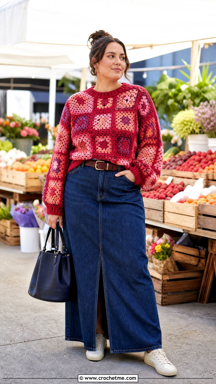 Patchwork Granny Square Sweater With Denim Maxi Skirt - 35 crochet granny square sweater outfit ideas