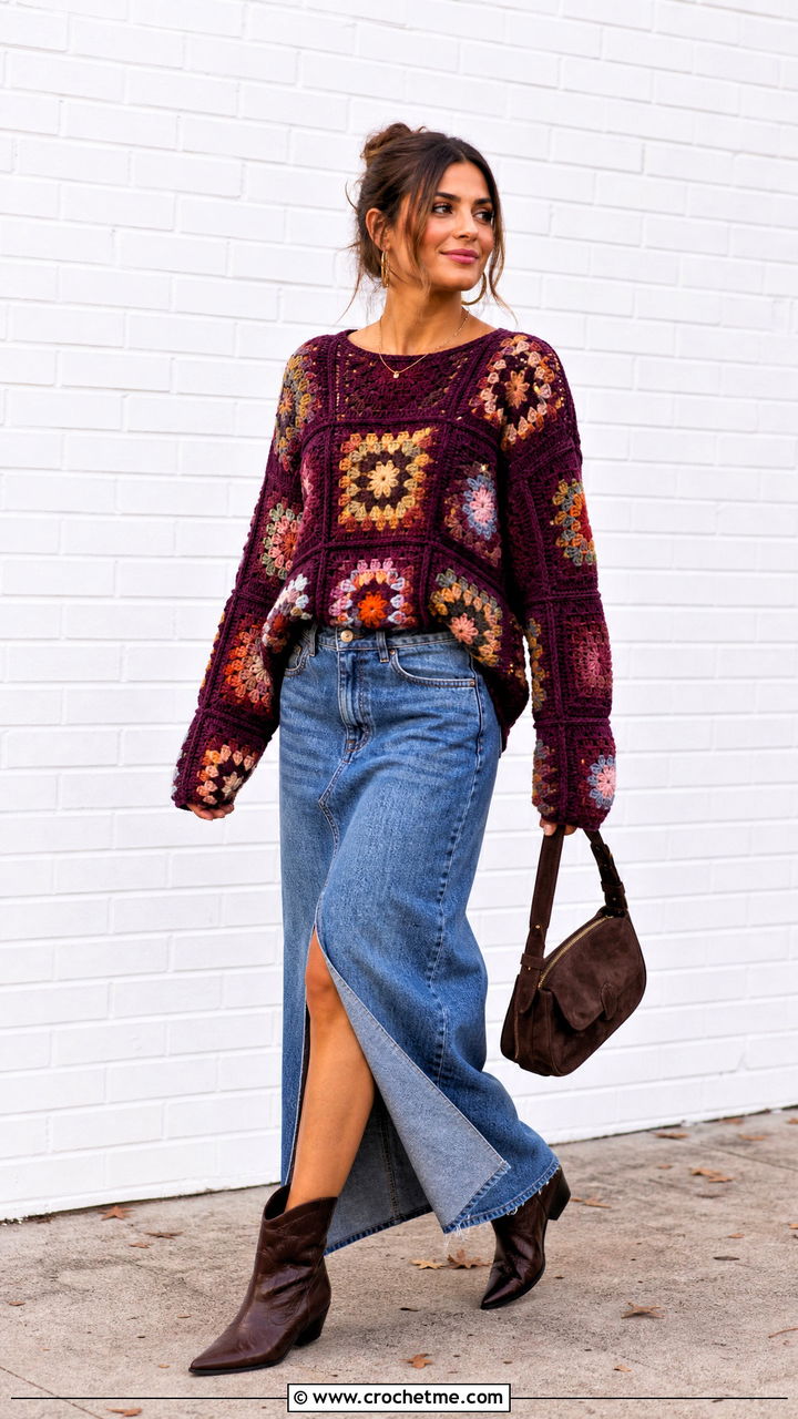Patchwork Granny Square Sweater With Denim Maxi Skirt - 35 4 Granny Square Sweater outfit ideas