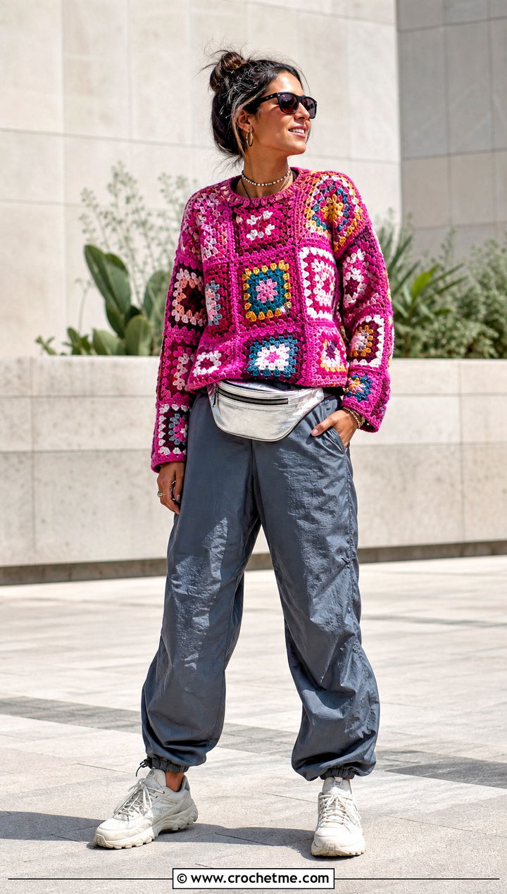 Patchwork Granny Square Sweater With Parachute Pants - 30 easy granny square sweater outfit ideas