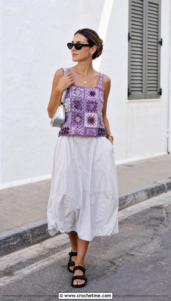 Patchwork Granny Square Tank With Parachute Skirt - 35 granny square tank outfit ideas