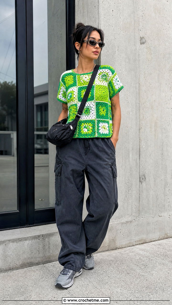 Patchwork Granny Square Tee With Cargo Pants - 35 granny square top outfit ideas