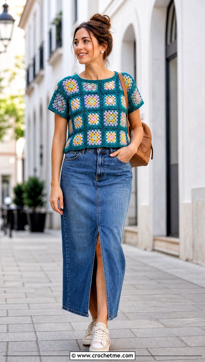 Patchwork Granny Square Tee With Denim Maxi Skirt - 35 granny squares top outfit ideas