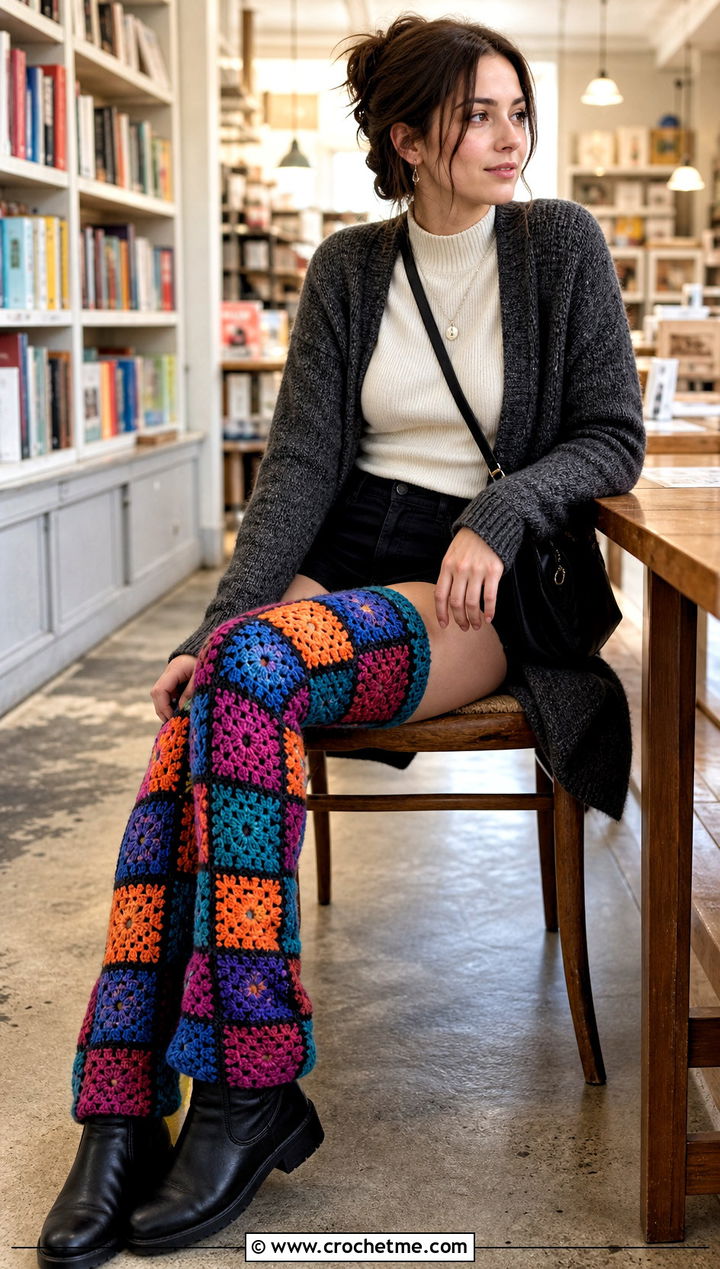 Patchwork Granny Square Thigh High Socks With Long Cardigan - 25 granny square thigh high socks outfit ideas