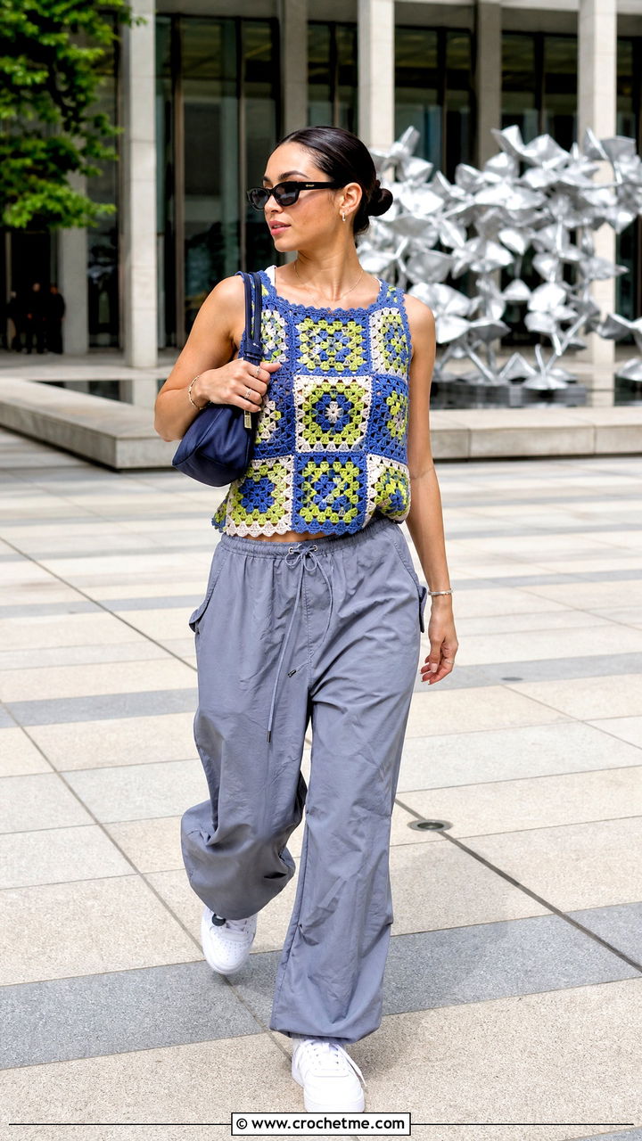 Patchwork Granny Square Top With Parachute Pants - 35 crochet granny square top outfit ideas