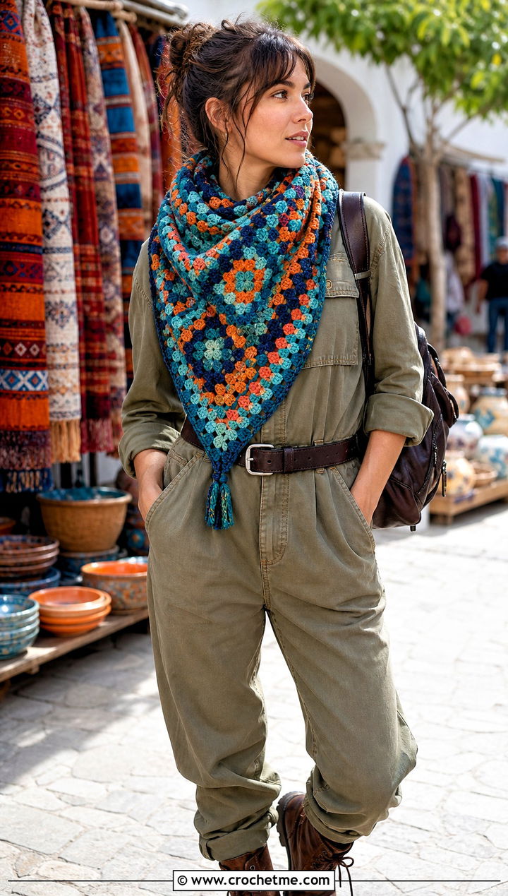 Patchwork Granny Square Triangle Shawl With Utility Jumpsuit - 30 granny square triangle shawl outfit ideas