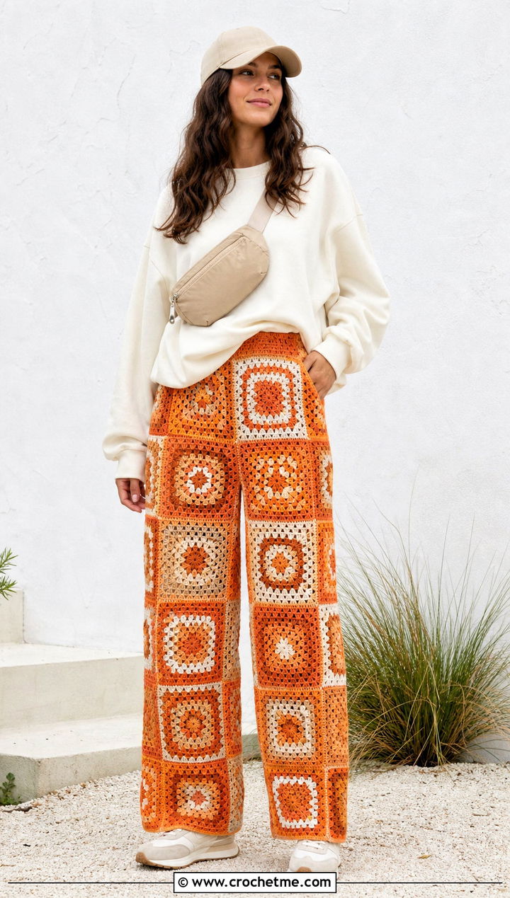 Patchwork Granny Square Trousers With Oversized Sweatshirt - 35 granny square trousers outfit ideas