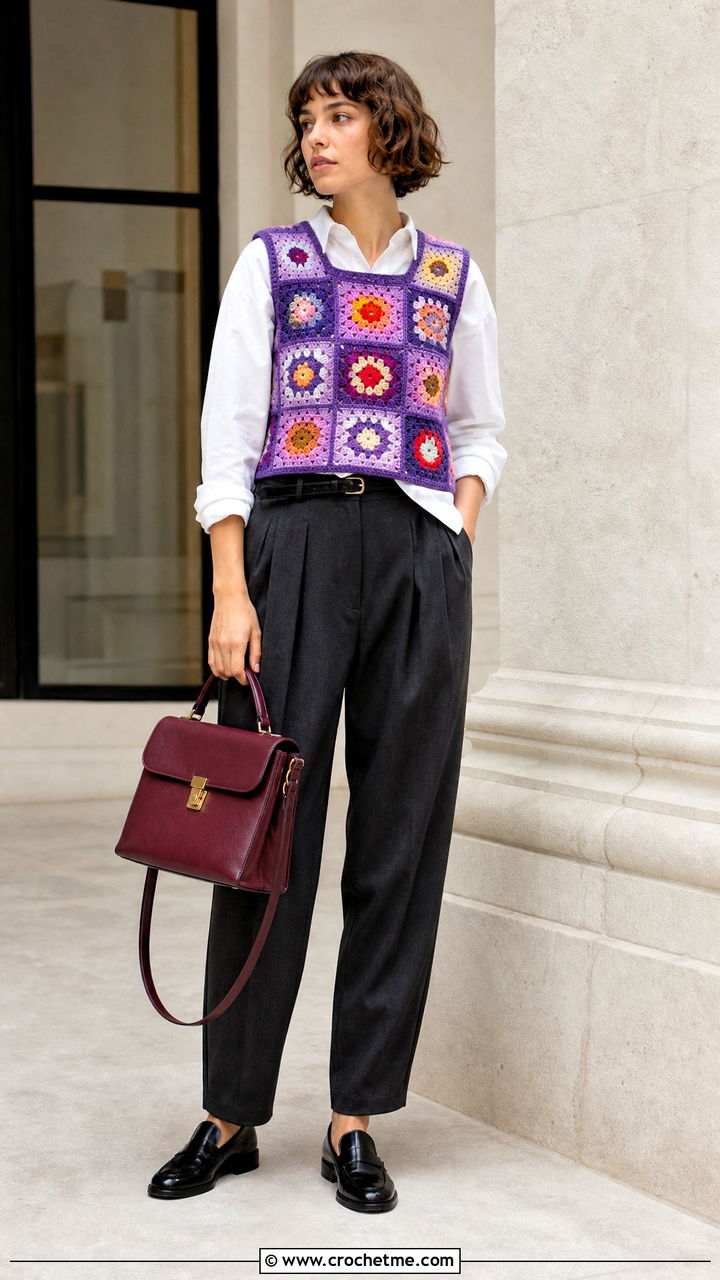 Patchwork Granny Square Vest Top With Tailored Trousers - 35 granny square tops outfit ideas
