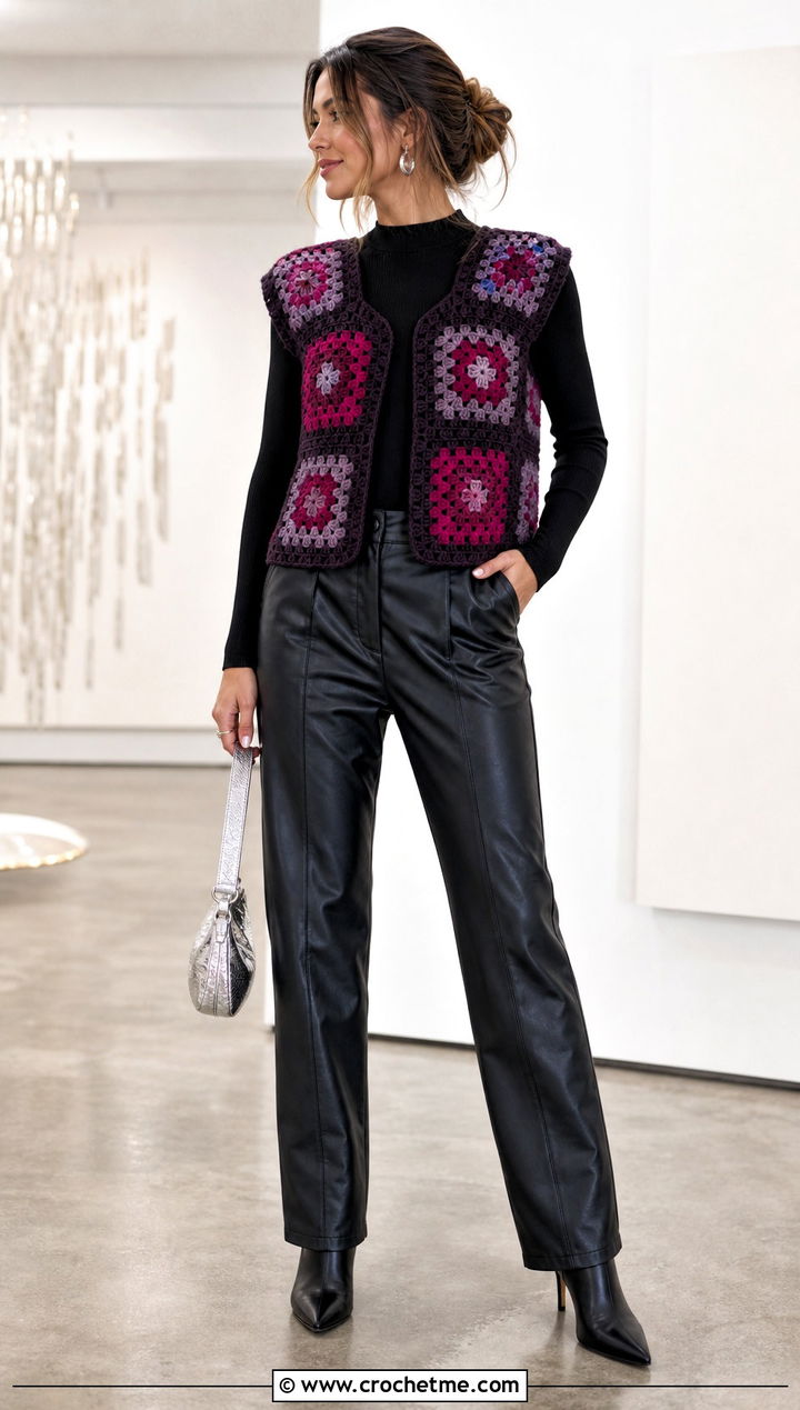 Patchwork Granny Square Vest With Leather Pants - 15 Crochet Granny Square Vest outfit ideas
