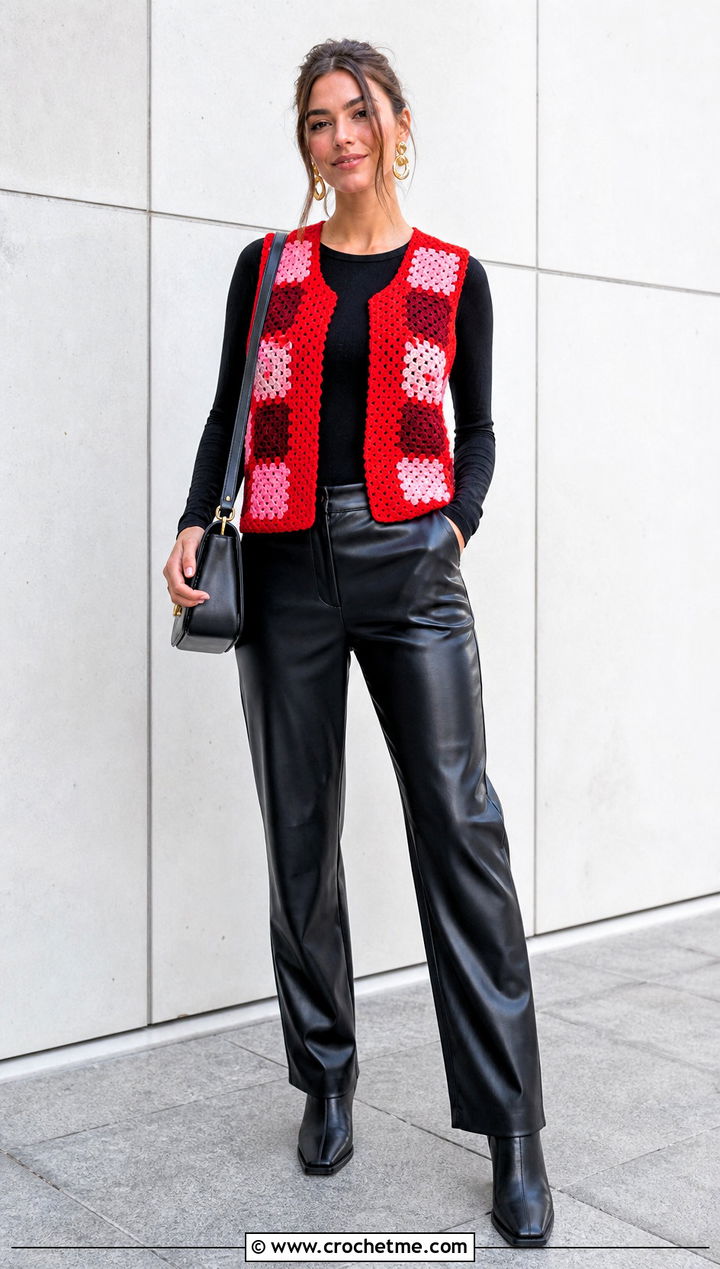 Patchwork Granny Square Vest With Leather Pants - 25 Granny Squares Vest outfit ideas