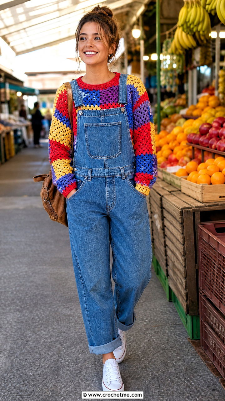 Patchwork Granny Stitch Sweater With Denim Overalls - 35 crochet granny stitch sweater outfit ideas