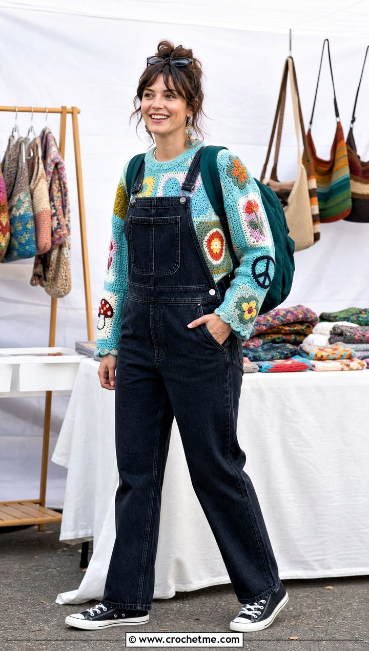 Patchwork Graphic Tapestry Crochet Sweater With Overalls - 30 tapestry crochet sweater outfit ideas