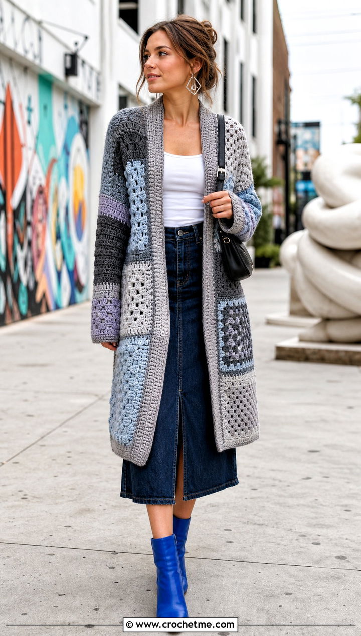 Patchwork Gray Crochet Cardigan With Denim Midi Skirt - 15 Gray Crochet Cardigan outfit ideas