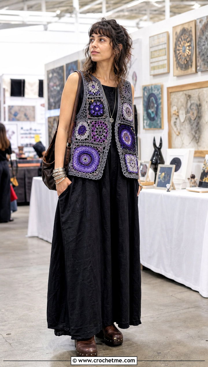 Patchwork Gray Crochet Vest With Maxi Dress - 15 gray crochet vest outfit ideas