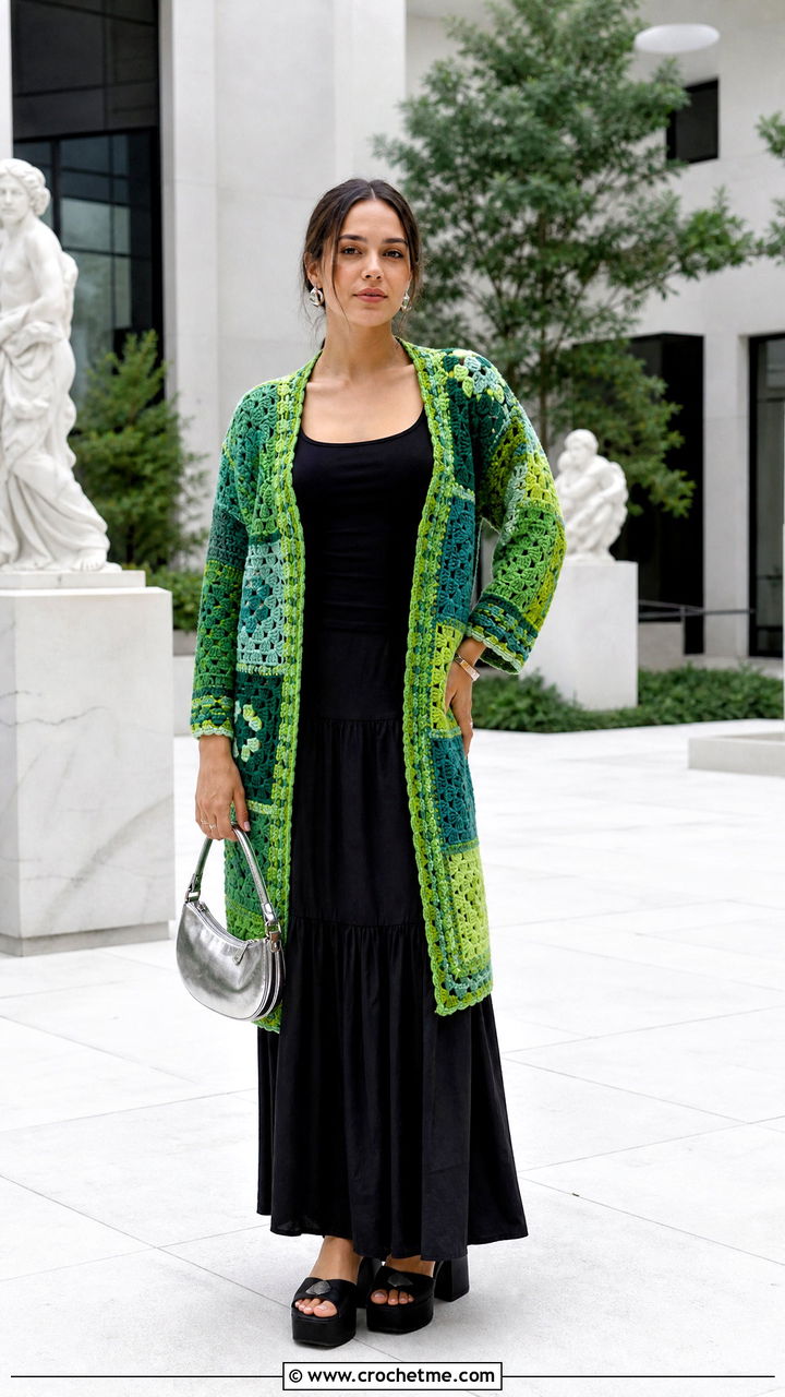 Patchwork Green Crochet Cardigan With a Black Maxi Skirt - 35 green crochet cardigan outfit ideas