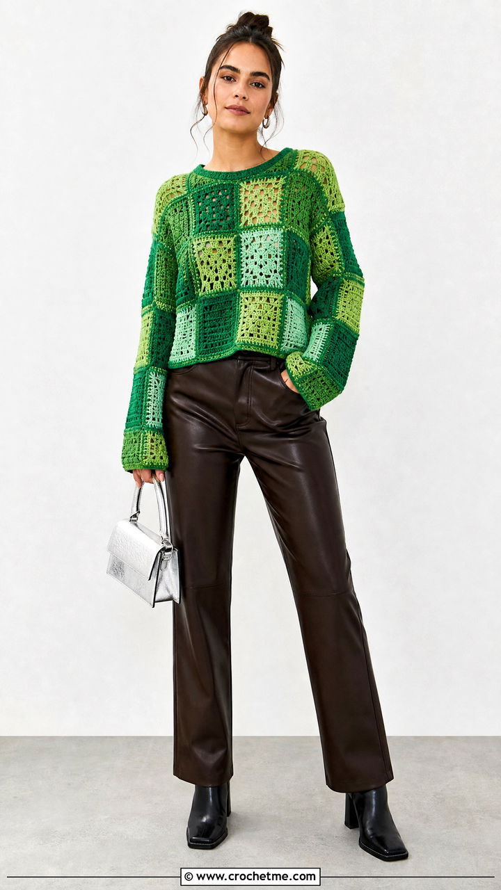 Patchwork Green Crochet Sweater With Leather Pants - 35 green crochet sweater outfit ideas