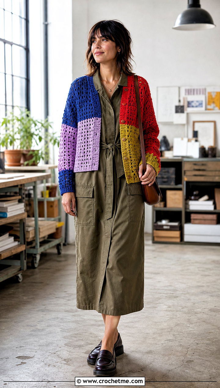 Patchwork Half And Half Crochet Cardigan With Utility Dress - 20 Half And Half Crochet Cardigan outfit ideas