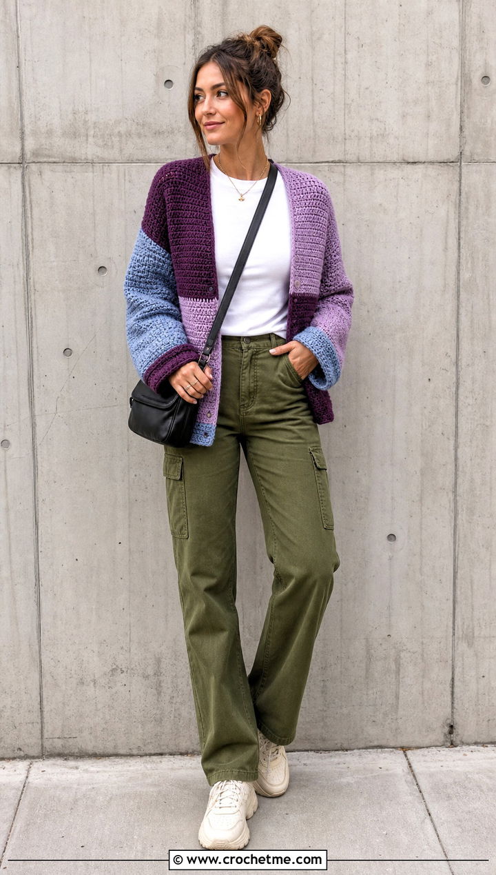 Patchwork Half Double Crochet Cardigan With Cargo Pants - 25 Half Double Crochet Cardigan outfit ideas