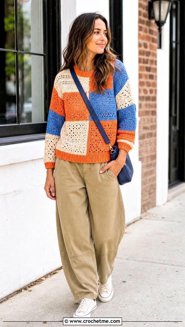 Patchwork Half Double Crochet Sweater With Khaki Pants - 30 half double crochet sweater outfit ideas