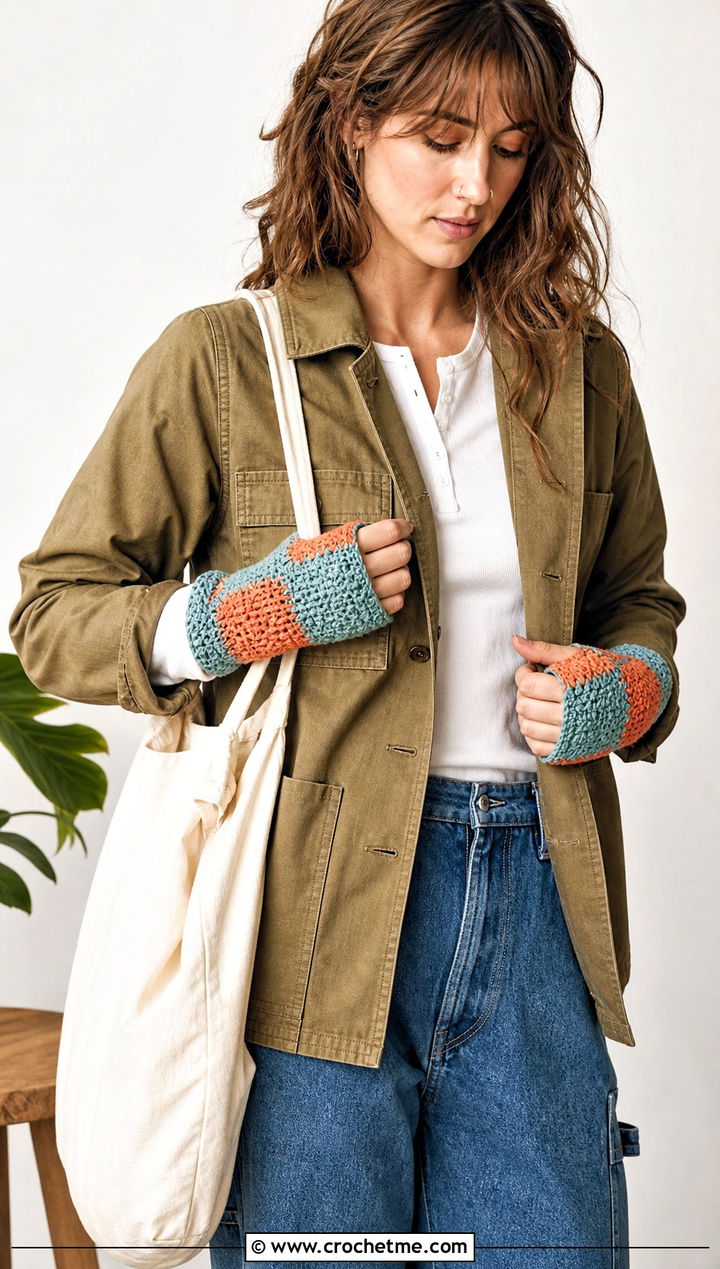 Patchwork Half Finger Gloves With Chore Jacket - 30 crochet half finger gloves outfit ideas