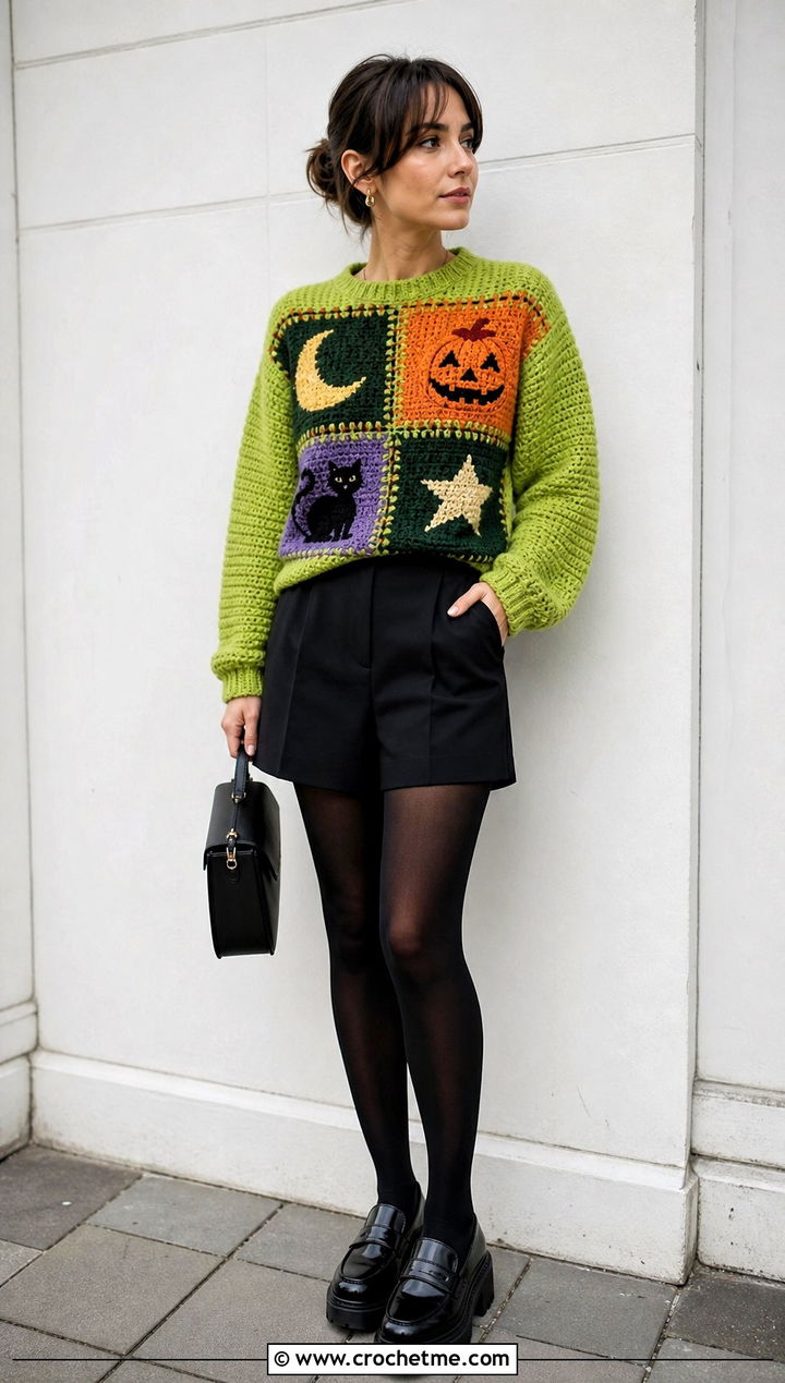 Patchwork Halloween Crochet Jumper With Tailored Shorts And Tights - 15 Halloween Crochet Jumper outfit ideas