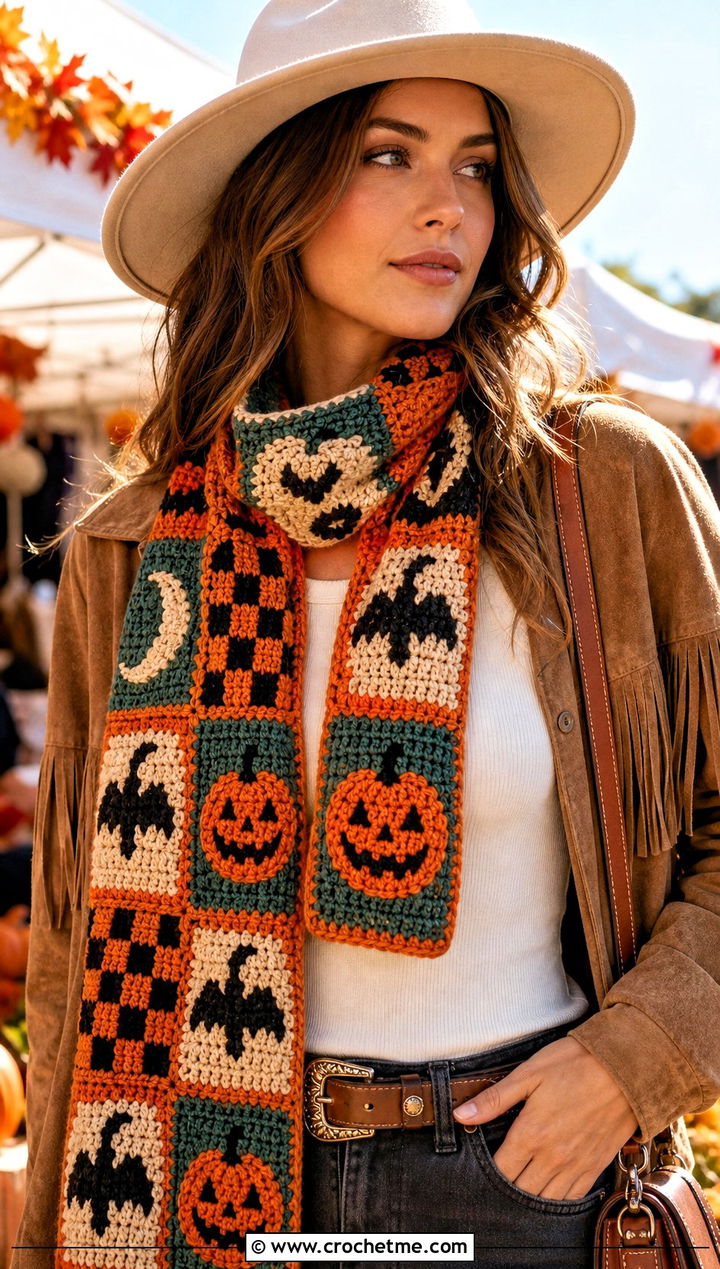 Patchwork Halloween Scarf With Western Jacket - 20 crochet halloween scarf outfit ideas