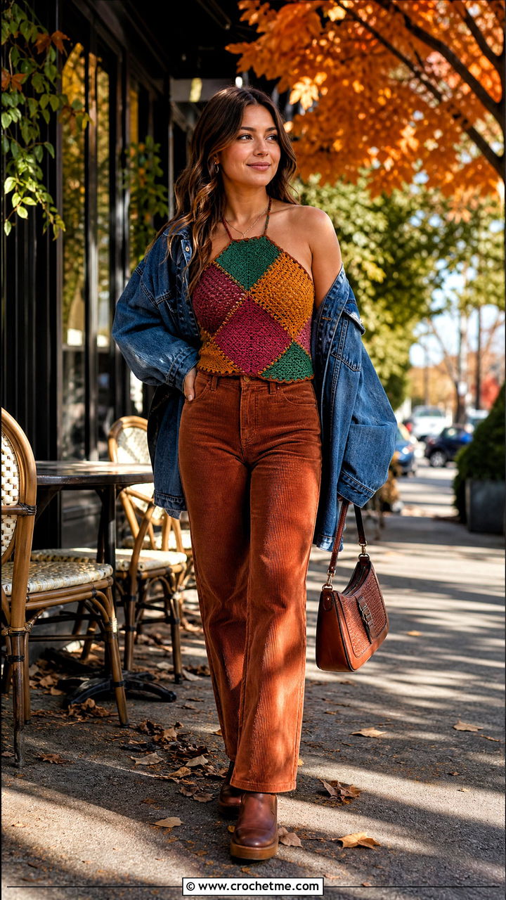 Patchwork Halter Crochet Top With Corduroy Pants - 35 halter crochet top outfit ideas