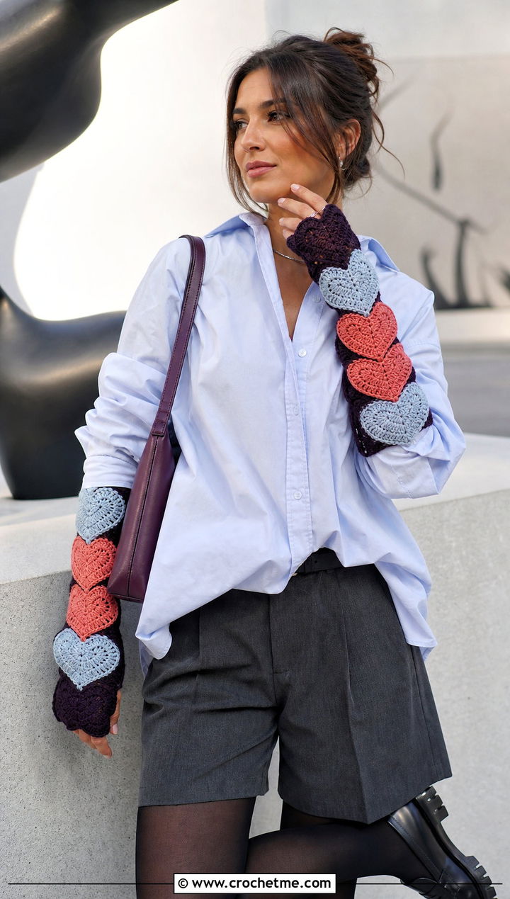 Patchwork Heart Crochet Gauntlets With Oversized Shirt - 15 Heart Crochet Gloves outfit ideas
