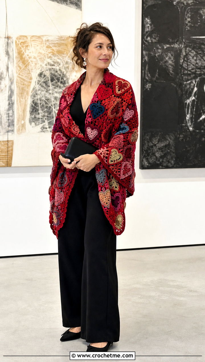 Patchwork Heart Crochet Shawl With Black Jumpsuit - 25 Heart Crochet Shawl outfit ideas