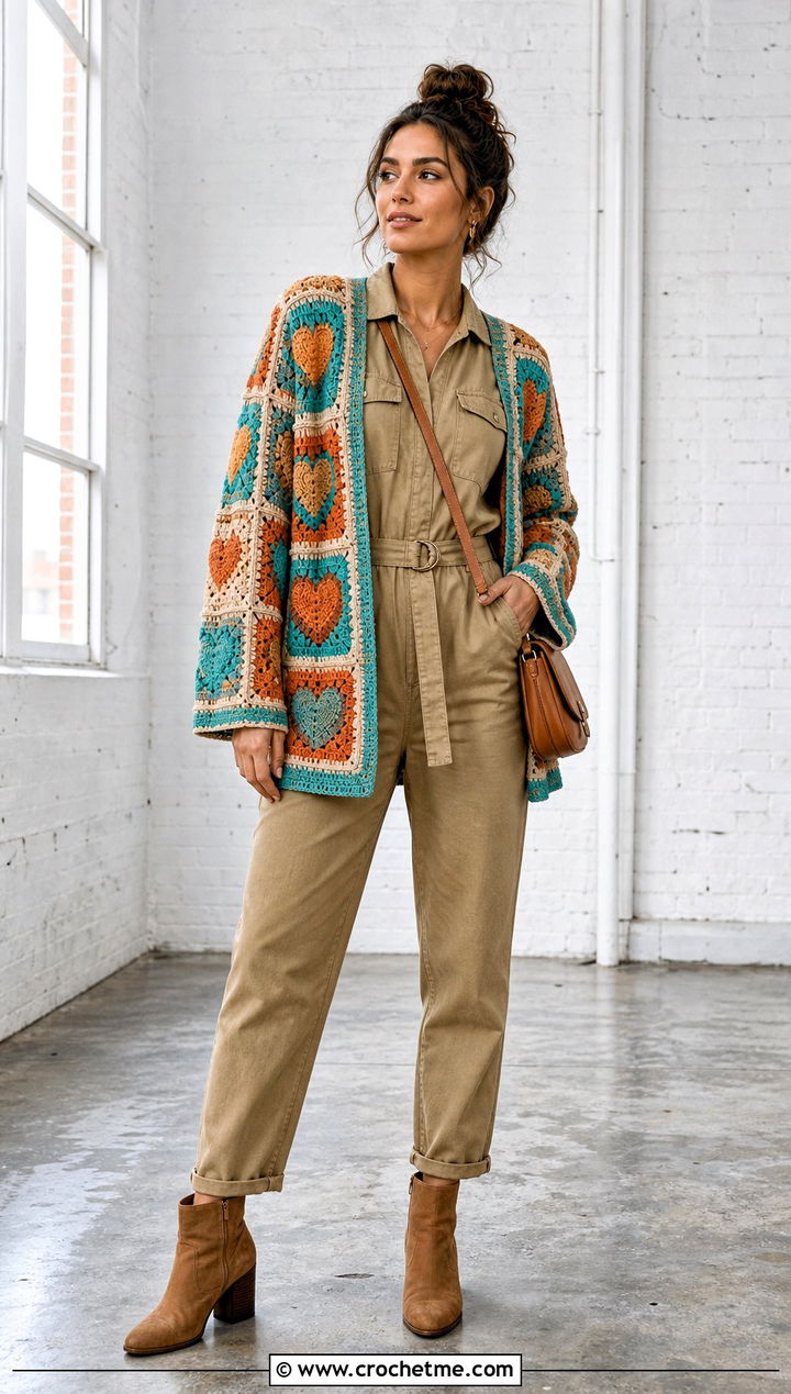 Patchwork Heart Granny Square Cardigan With Utility Jumpsuit - 35 Heart Granny Square Cardigan outfit ideas