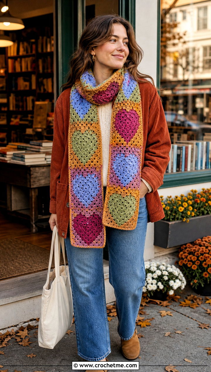 Patchwork Heart Scarf With Corduroy Jacket - 25 crochet heart scarf outfit ideas