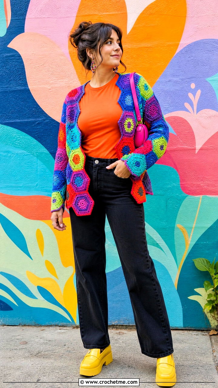 Patchwork Hexagon Cardigan With Black Denim - 35 crochet hexagon cardigan outfit ideas