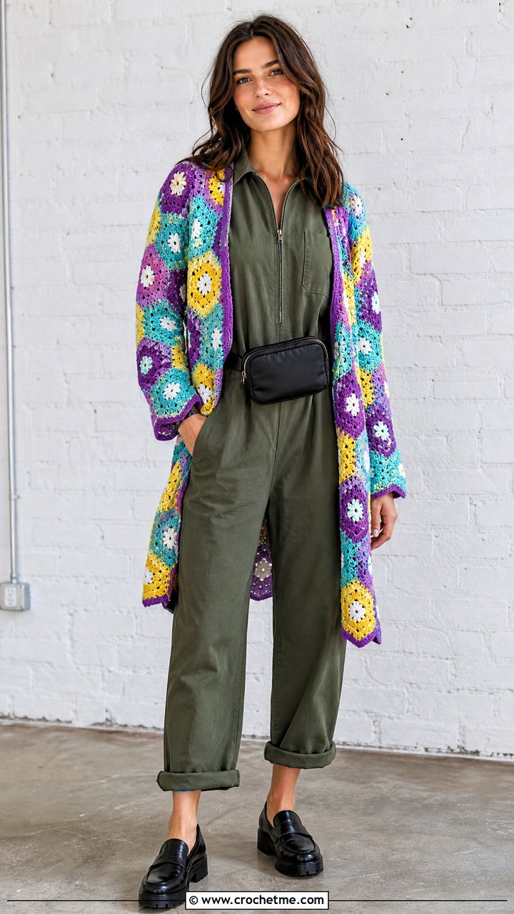 Patchwork Hexagon Crochet Cardigan With Utility Jumpsuit - 35 hexagon crochet cardigan outfit ideas