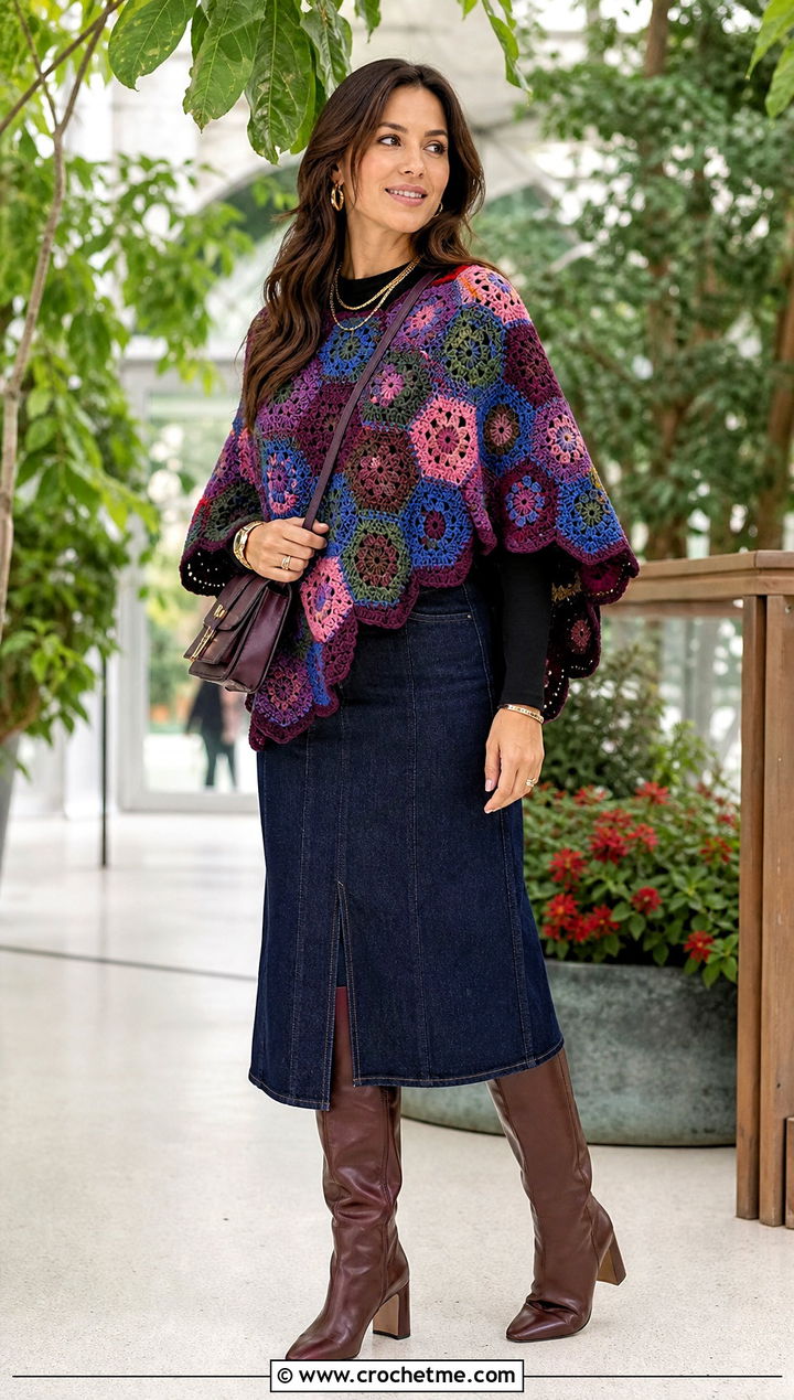 Patchwork Hexagon Crochet Poncho With Denim Skirt - 20 Hexagon Crochet Poncho outfit ideas
