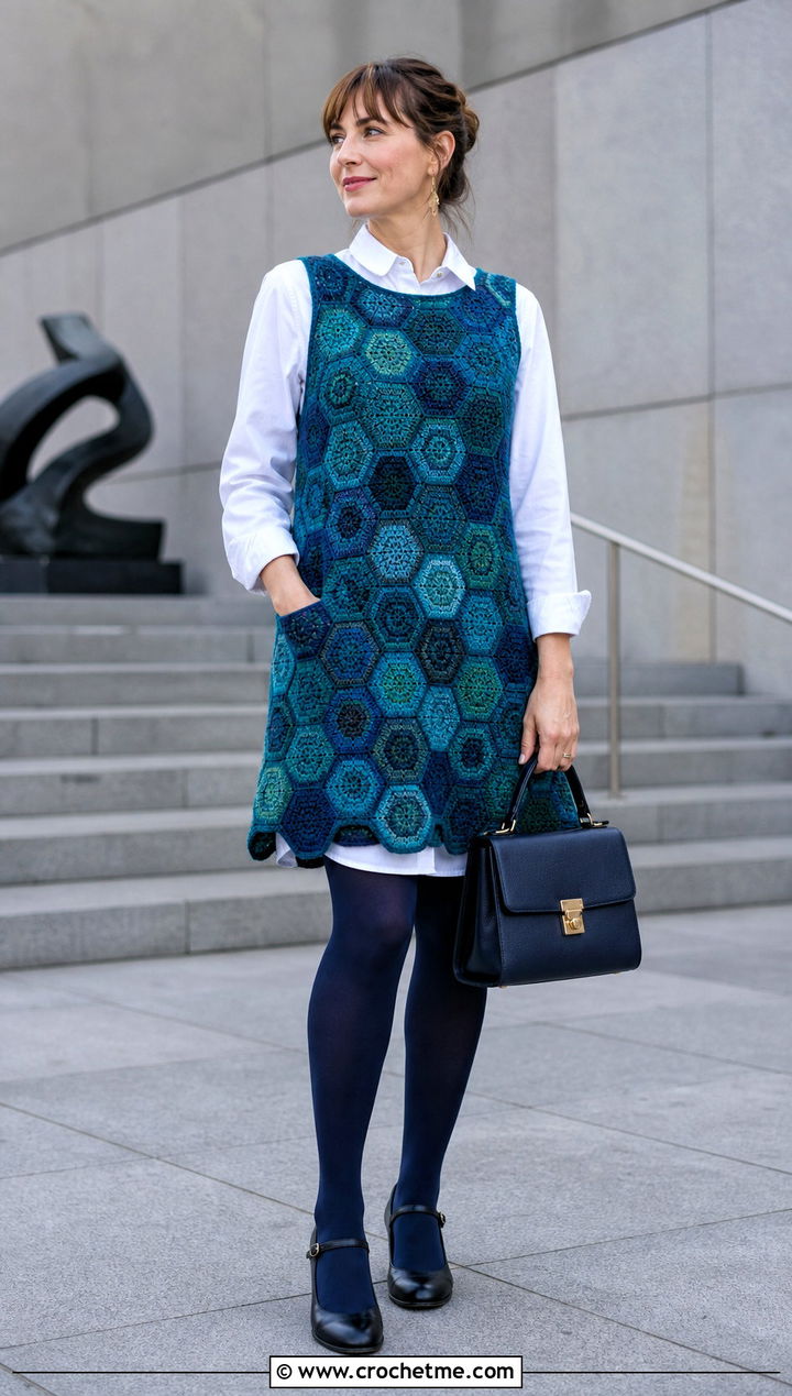 Patchwork Hexagon Crochet Shift Dress With White Shirt - 25 hexagon crochet dress outfit ideas