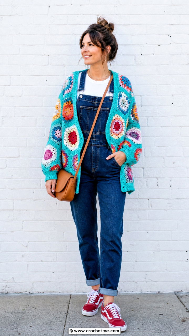 Patchwork Hexagon Granny Square Cardigan With Denim Overalls - 35 hexagon granny square cardigan outfit ideas