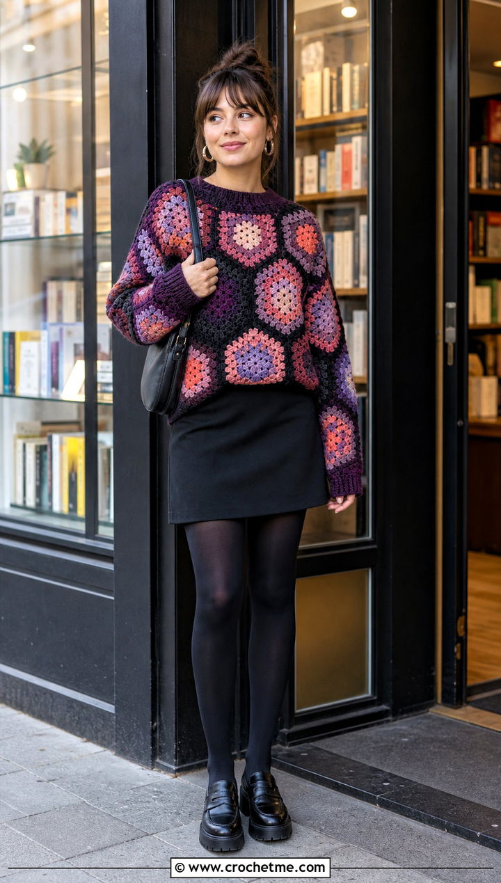 Patchwork Hexagon Granny Square Pullover With Black Mini Skirt - 25 Hexagon Granny Square Pullover outfit ideas