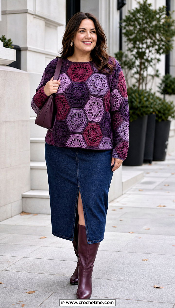 Patchwork Hexagon Jumper With Denim Midi Skirt - 30 crochet hexagon jumper outfit ideas