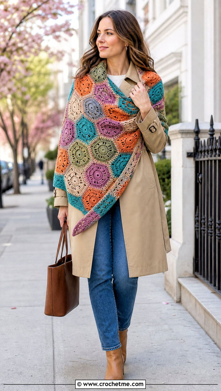 Patchwork Hexagon Shawl With Trench Coat - 20 Crochet Hexagon Shawl outfit ideas