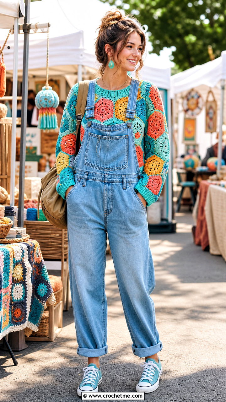 Patchwork Hexagon Sweater With Denim Overalls - 35 crochet hexagon sweater outfit ideas