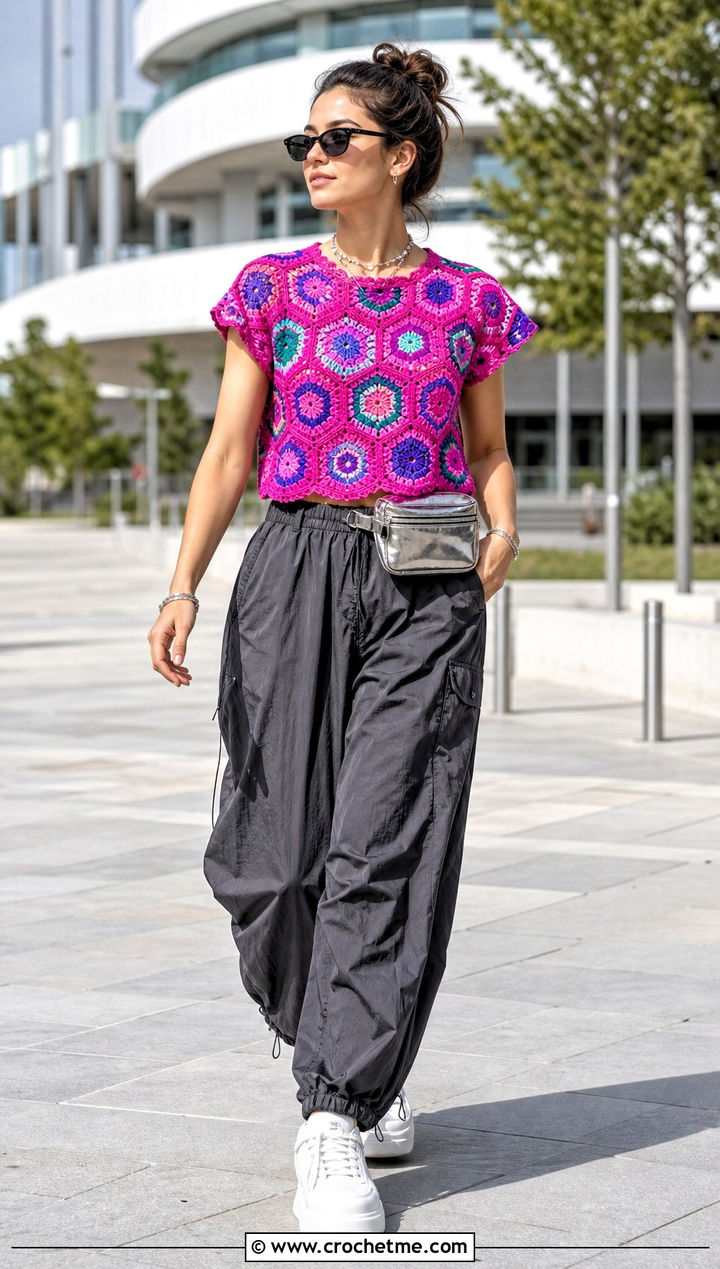 Patchwork Hexagon Top With Parachute Pants - 35 crochet hexagon top outfit ideas