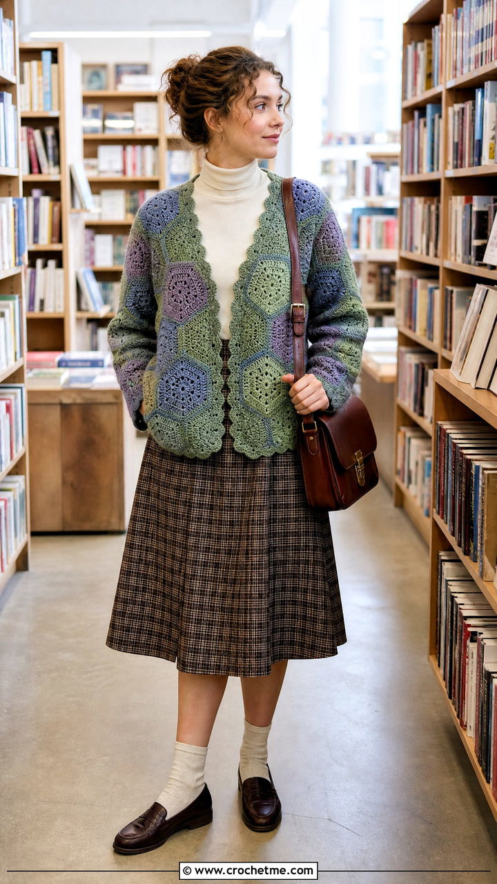 Patchwork Hexi Cardi With Plaid Midi Skirt - 35 crochet hexi cardi outfit ideas
