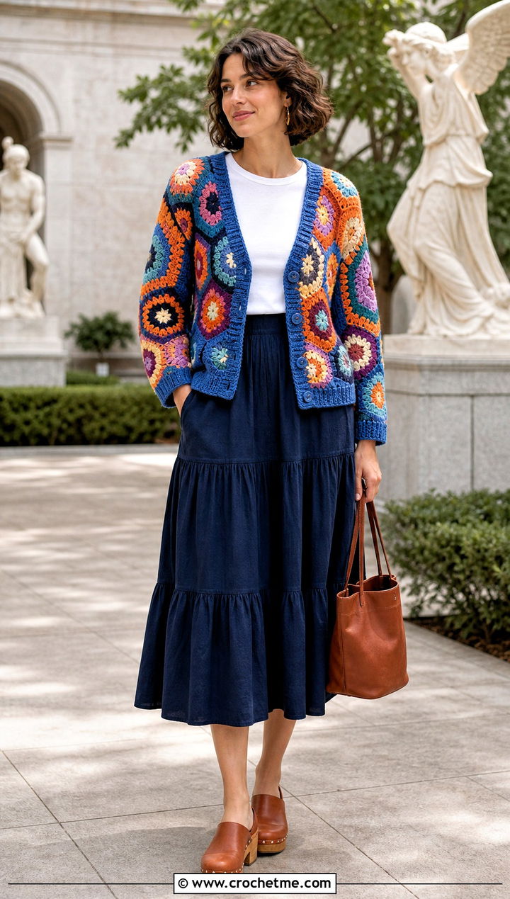 Patchwork Hexi Cardigan With Tiered Midi Skirt - 35 crochet hexi cardigan outfit ideas