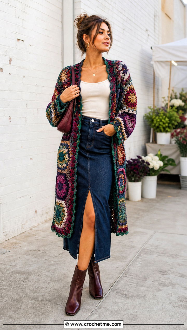 Patchwork Hexi Crochet Cardigan With Denim Midi Skirt - 35 hexi crochet cardigan outfit ideas