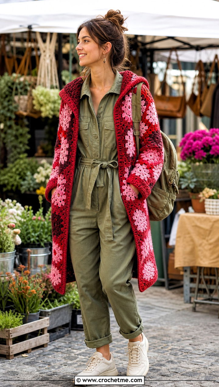 Patchwork Hexi Crochet Hoodie With Utility Jumpsuit - 20 hexi crochet hoodie outfit ideas