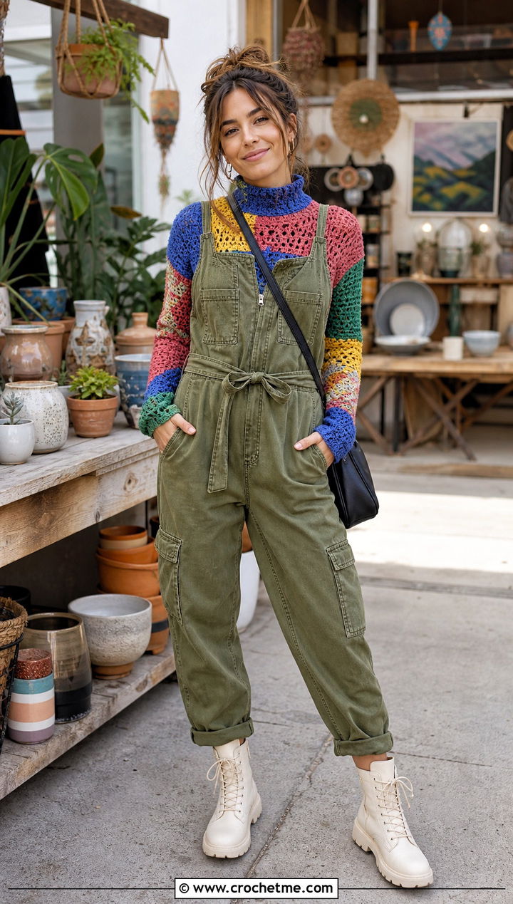 Patchwork High Neck Crochet Sweater With Utility Jumpsuit - 30 crochet high neck sweater outfit ideas