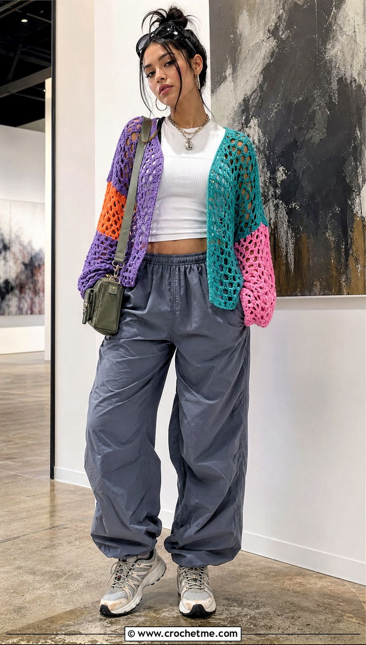 Patchwork Hollow Out Crochet Sweater With Parachute Pants - 25 Hollow Out Crochet Sweater outfit ideas
