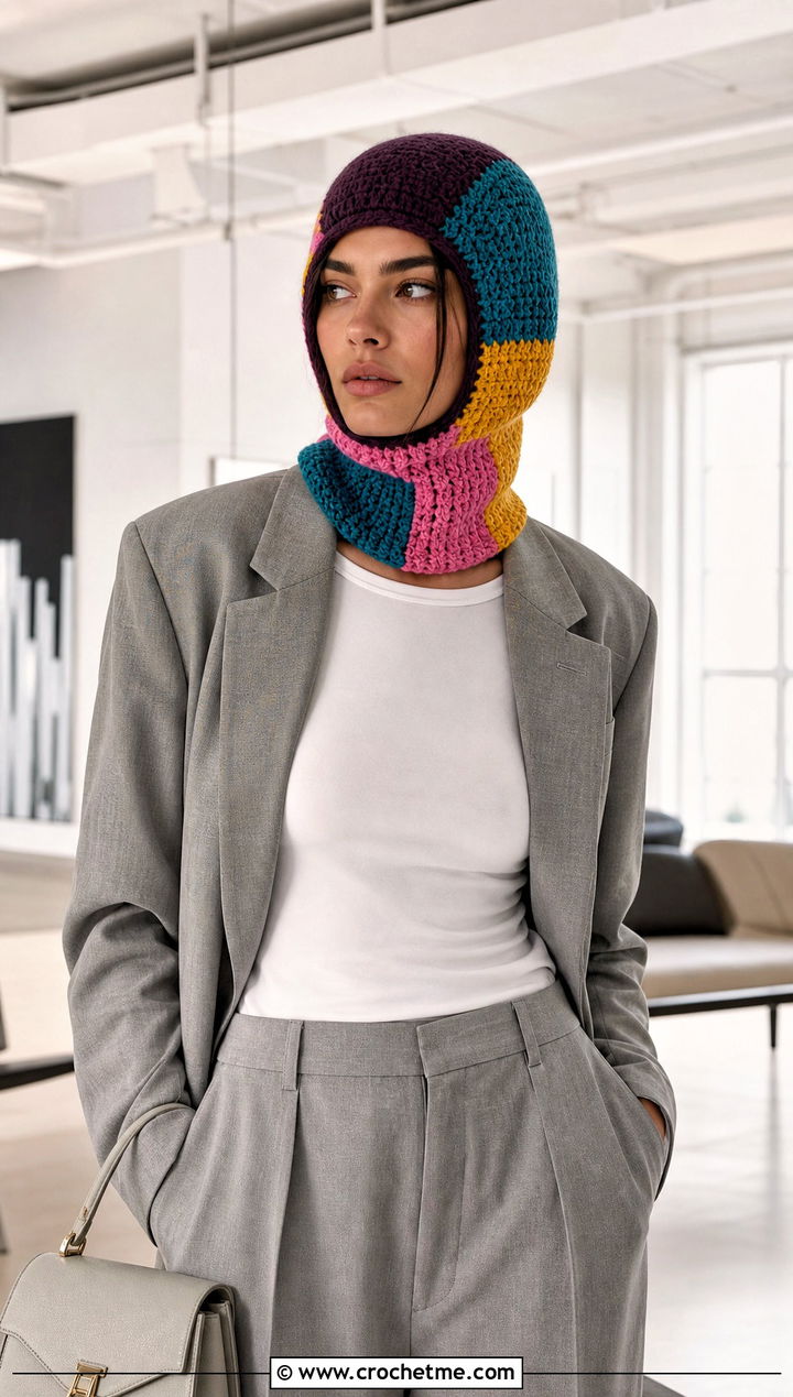 Patchwork Hooded Crochet Balaclava With Neutral Suit - 30 hooded crochet balaclava outfit ideas