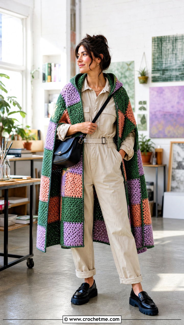 Patchwork Hooded Crochet Cape With Utility Jumpsuit - 25 Hooded Crochet Cape outfit ideas
